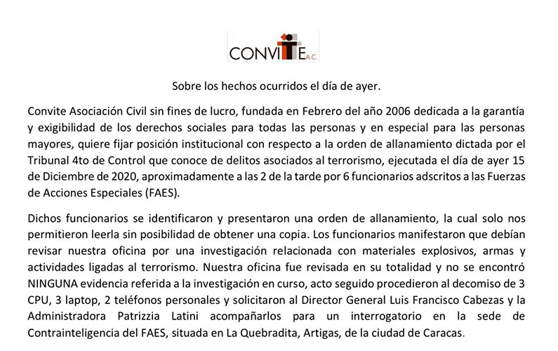 Posición institucional de Convite sobre los hechos ocurridos el día de ayer en nuestra oficinas en la ciudad de Caracas